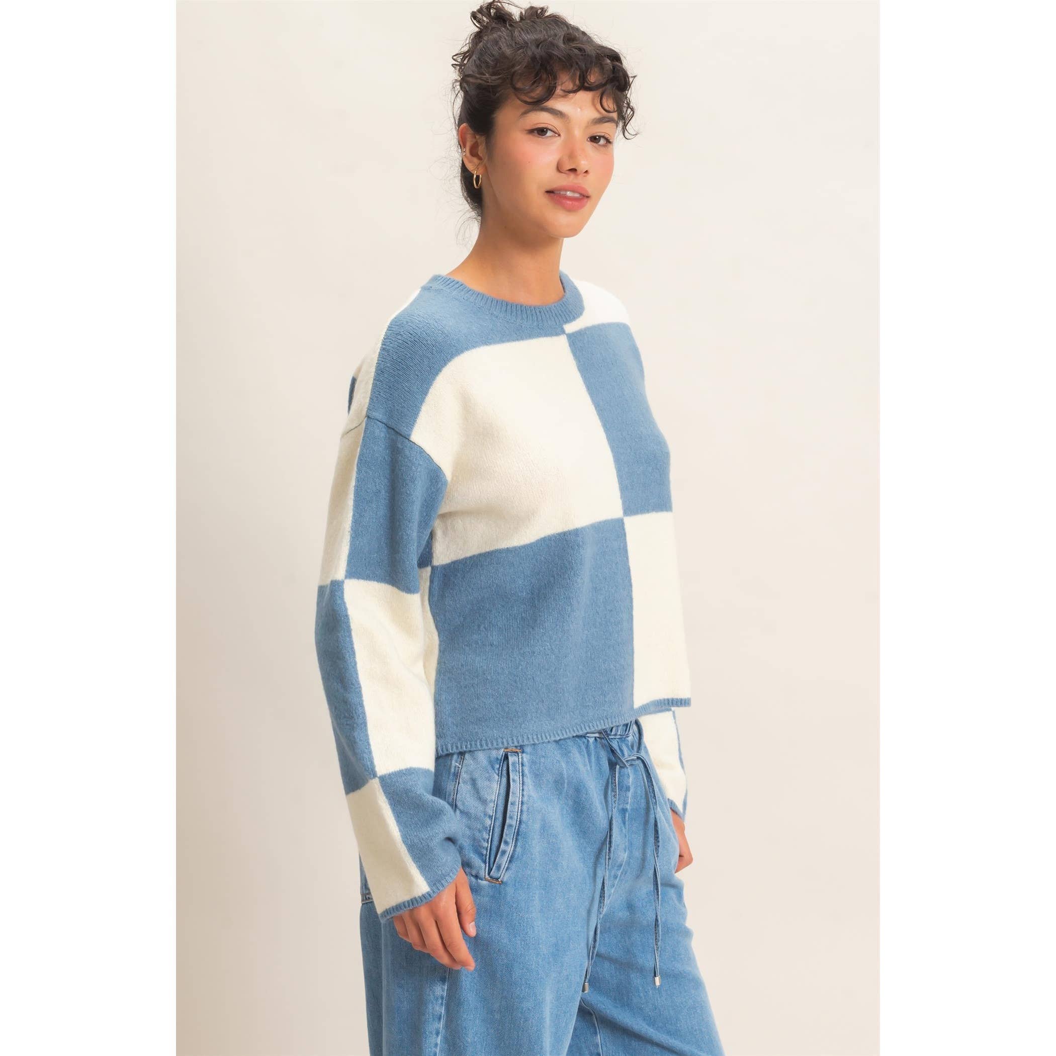 Crew Neck Checkered Sweater