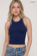 Sleeveless Round Neck Contrast Piping Detail Seamless Top