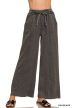 Acid Washed Fleece Pintuck Wide Leg Pants w/ Pockets