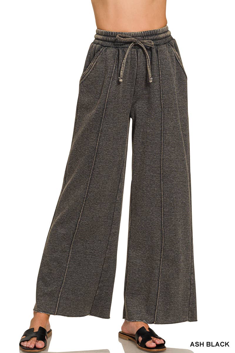 Acid Washed Fleece Pintuck Wide Leg Pants w/ Pockets