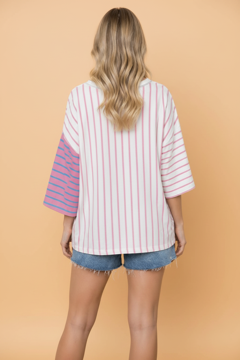 PRETTY BASH Stripe Colorblock Loose Tee