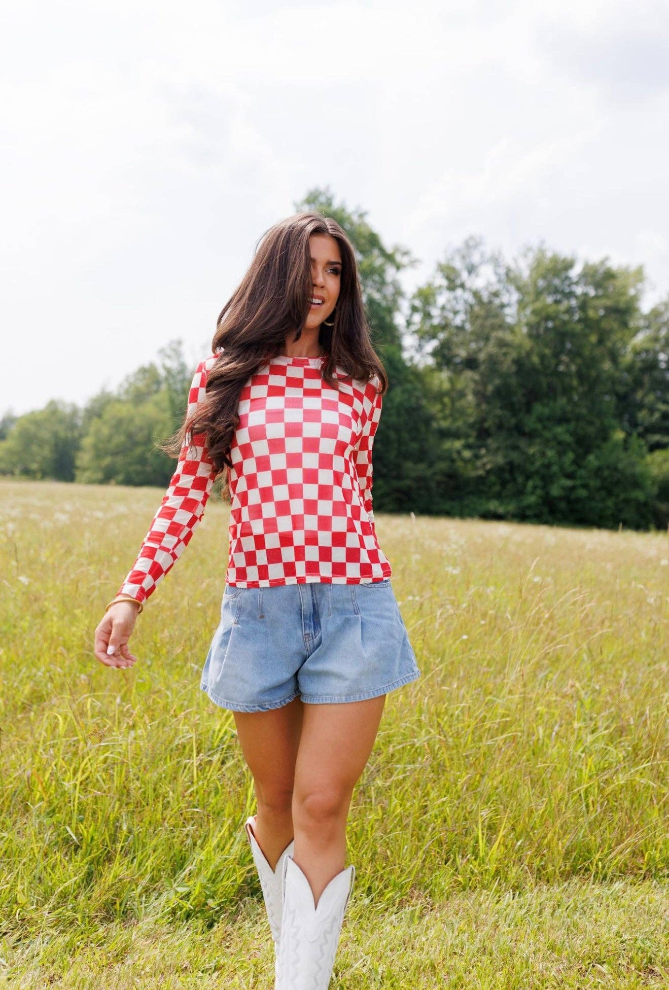 Fest Red Checkerboard Mesh Top