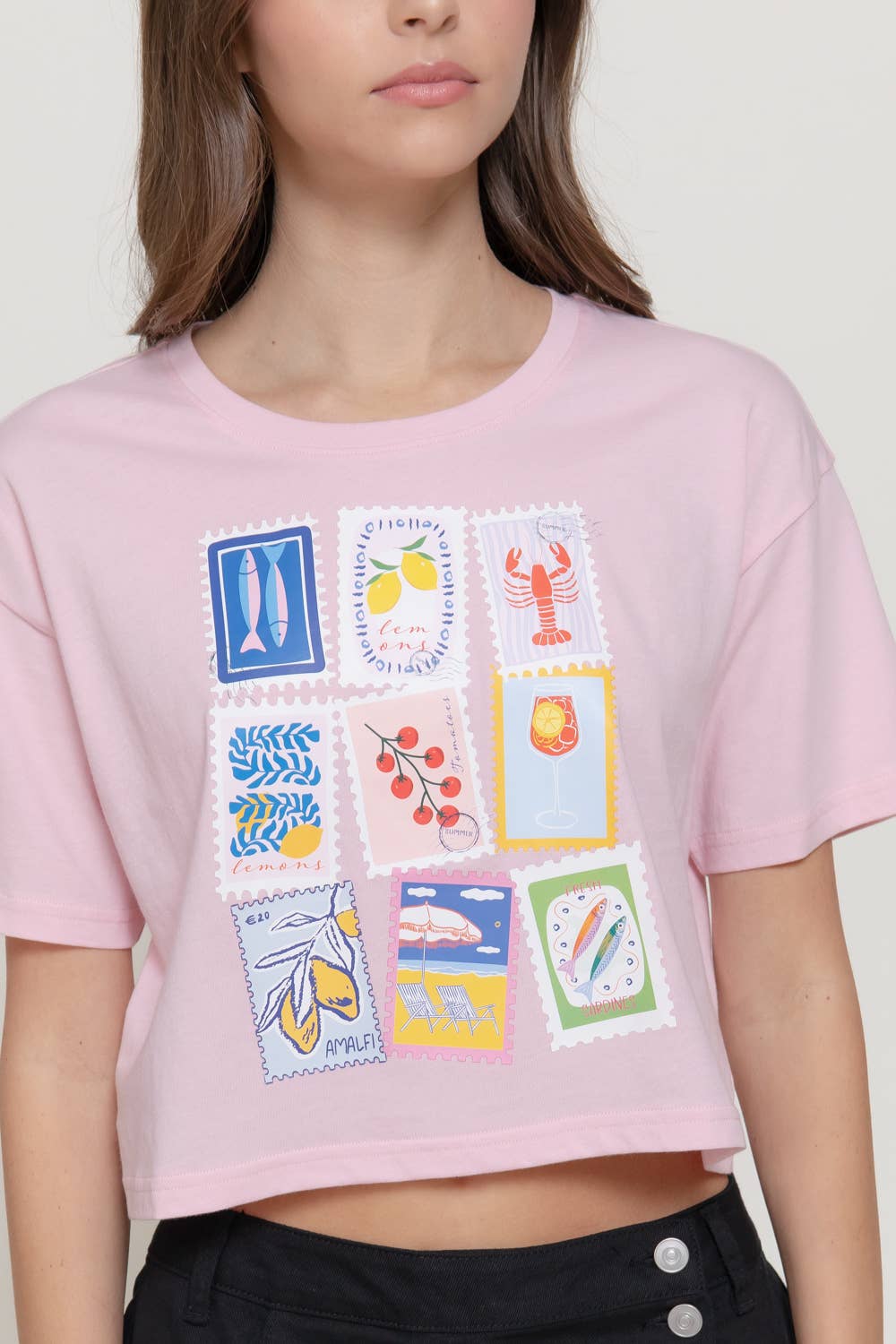 Short Sleeve Round Neck Print Knit Crop Top