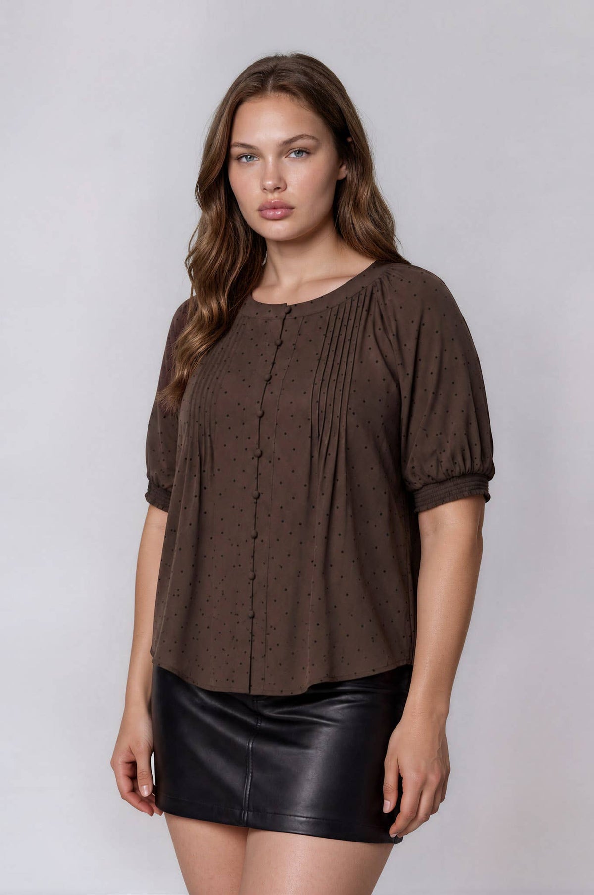 PLUS PINTUCK POLKA DOT BUTTON DOWN PUFF SLEEVE TOP