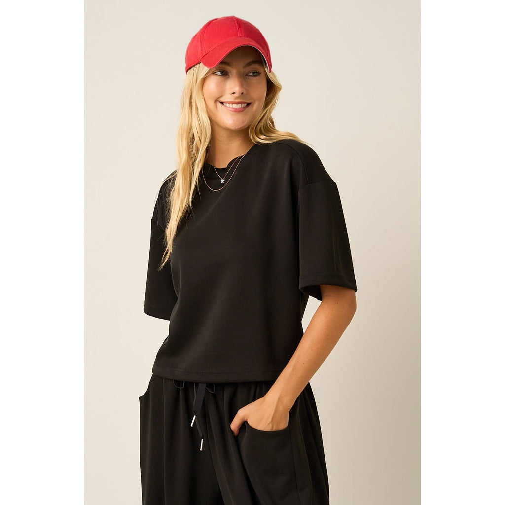 CLOUD KNIT SHORT SLEEVE BOXY CREW NECK TOP