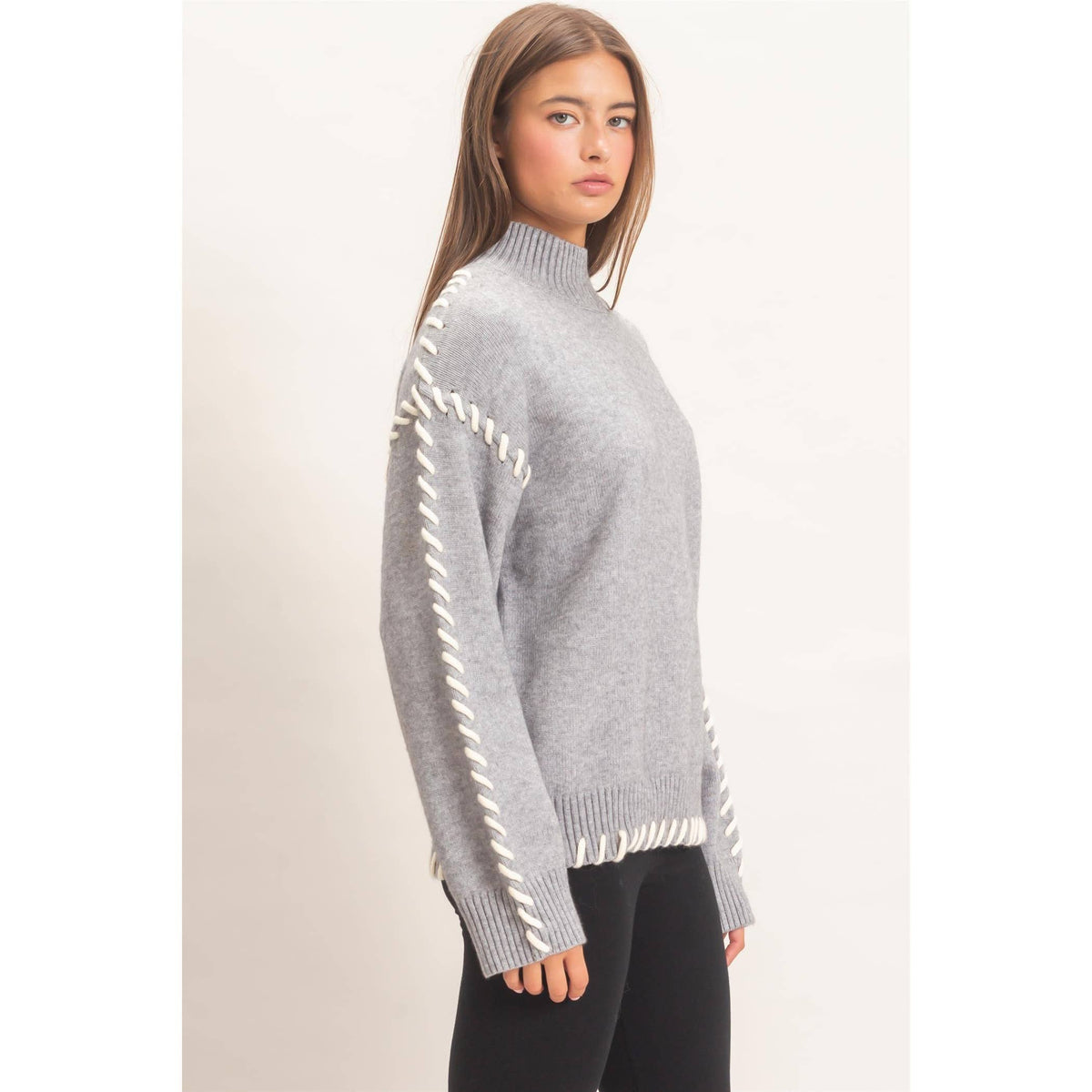 Blanket Stitch High Neck Sweater