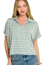 Raised Rib Striped Collared Top