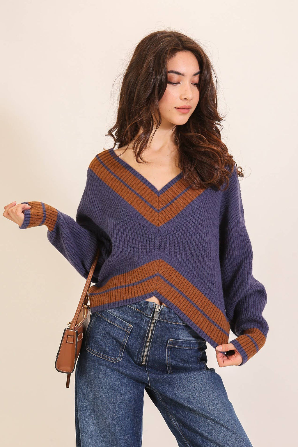 Contrast Trim V-neck Varsity Knit Sweater