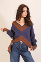 Contrast Trim V-neck Varsity Knit Sweater