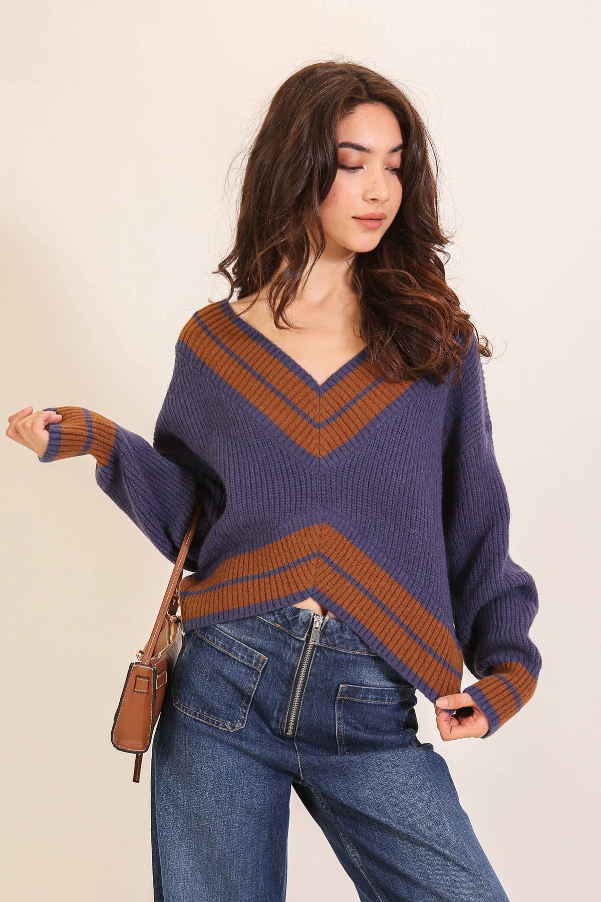 Contrast Trim V-neck Varsity Knit Sweater
