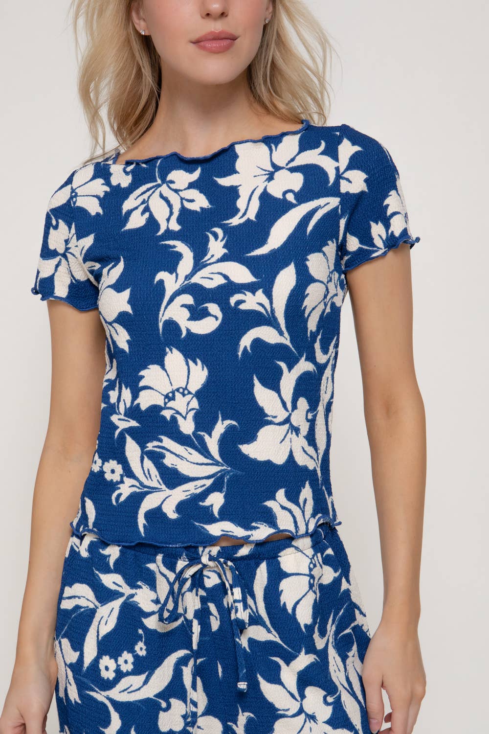 Print Texture Knit Short Sleeve Top & Waist Band Pants Set