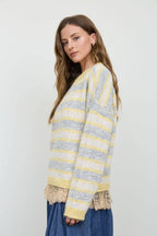 HEATHERED MULTI-STRIPE RAW EDGE KNIT SWEATER