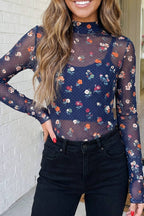 LAS Floral Polka Dot Mesh Mock Neck Sheath Blouse (S-XL)