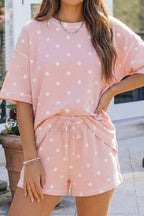 Seam Detail Polka Dot Loose Tee Drawstring Shorts Set