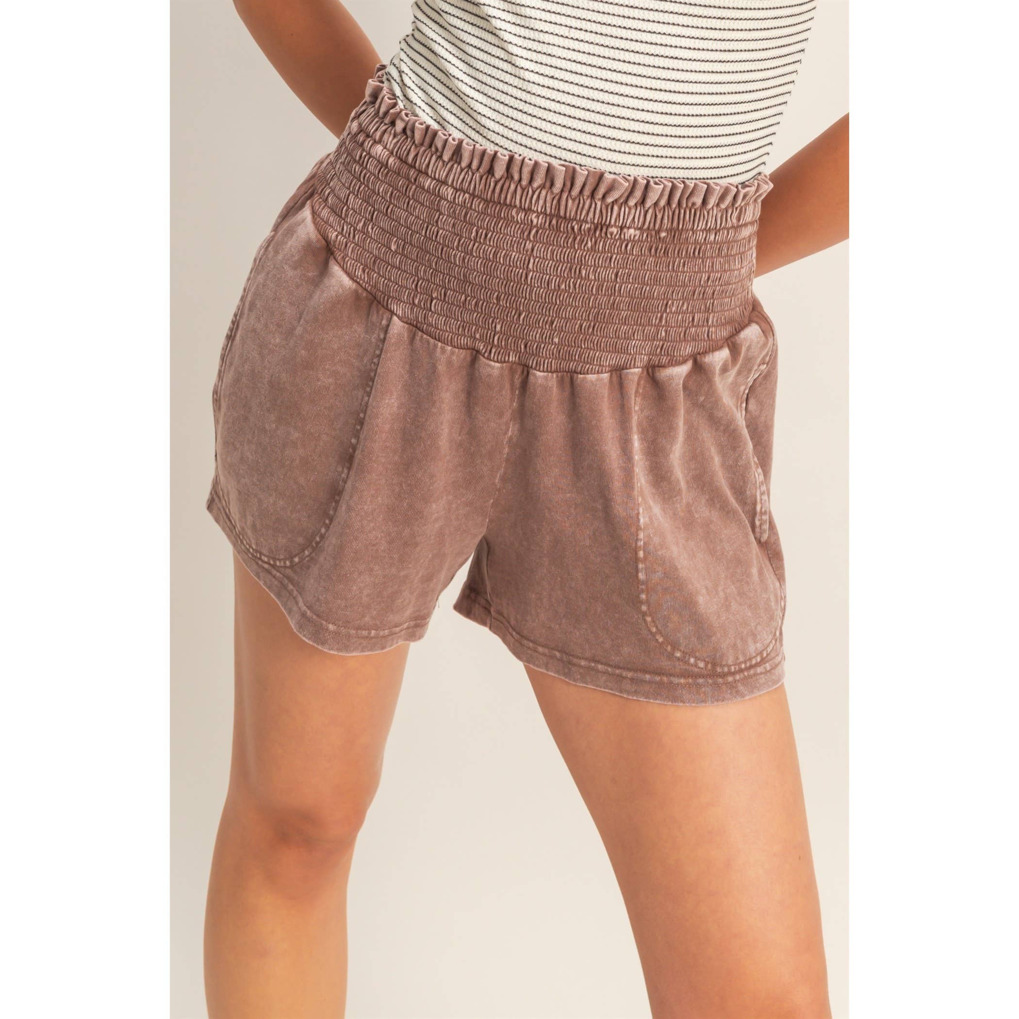 Smocked Waist Mineral Wash Shorts