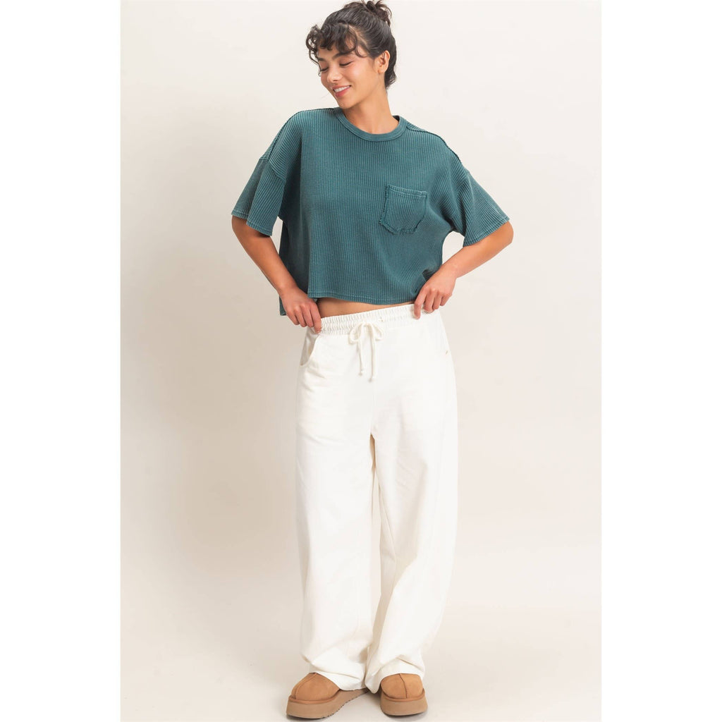 Mineral Wash Waffle Knit Pocket Top