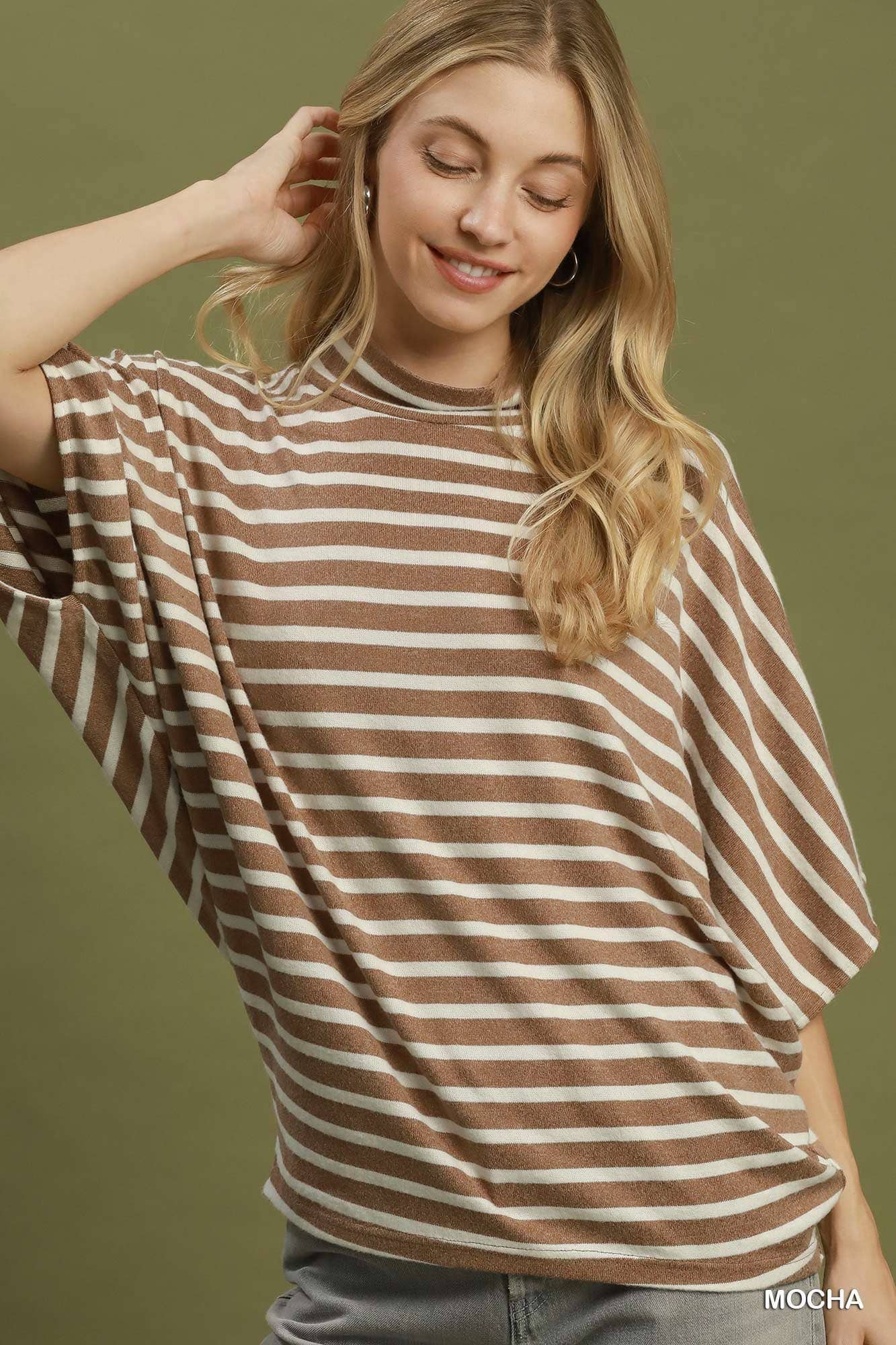 Striped Mock Neck Dolman Top