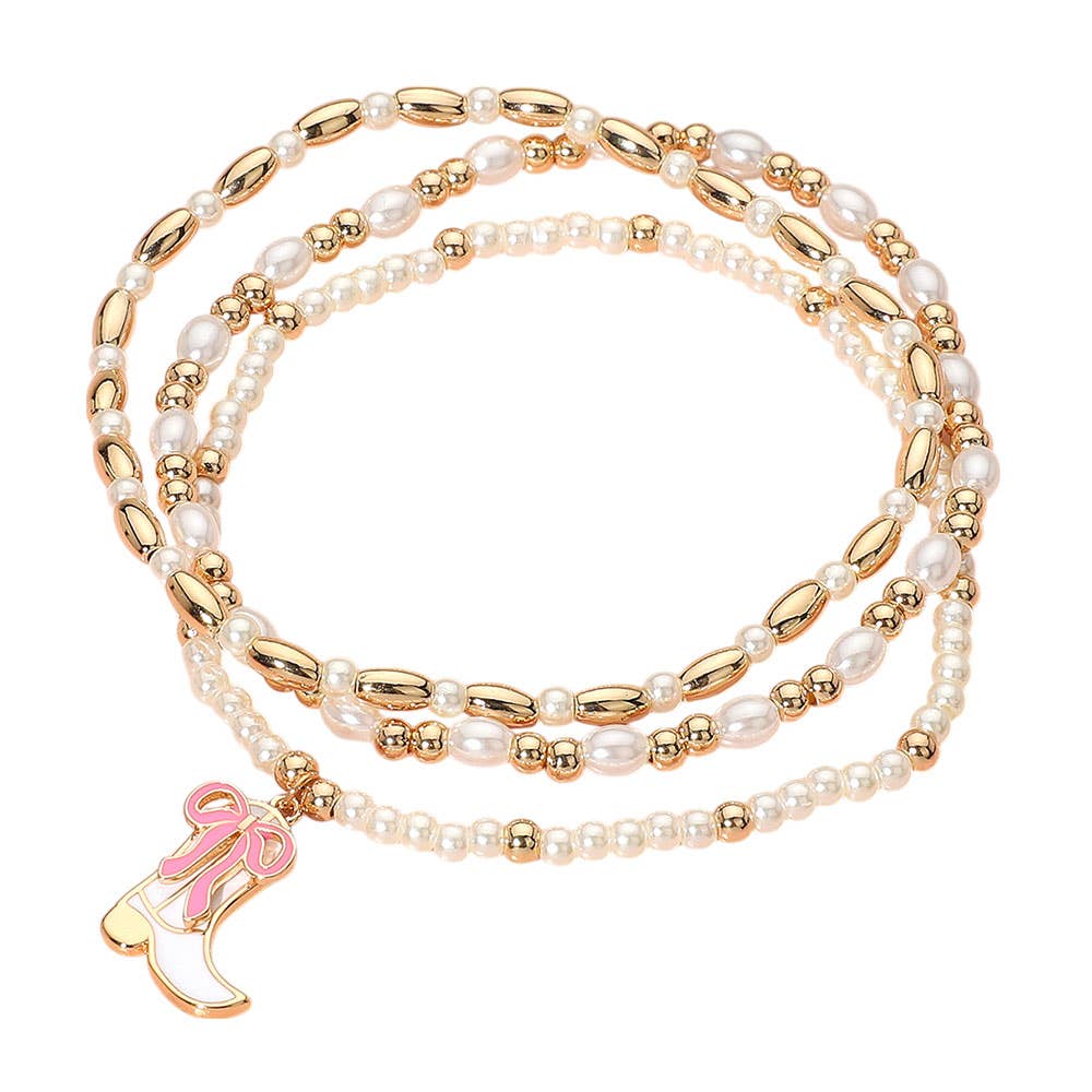 3PCS - Enamel Bow Cowboy Boot Pearl Beaded Multi Layered Bracelet