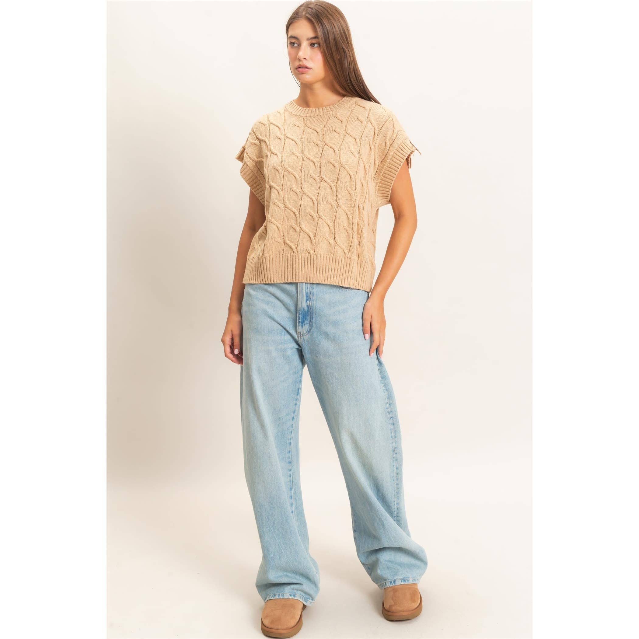 Cable Knit Cap Sleeve Sweater