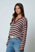 STRIPE RAW EDGE SPLIT NECK SHEER KNIT SWEATER