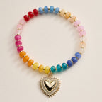 Beaded Heart Charm Stretch Bracelet Set | 3-Piece Layered Stack with Gold Accents