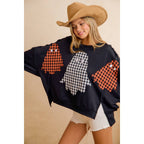 OVERSIZED PLAID GHOST APPLIQUE HALLOWEEN SWEATSHIRT