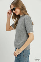 Scalloped Trim Puff Sleeve Knit Sweater Top
