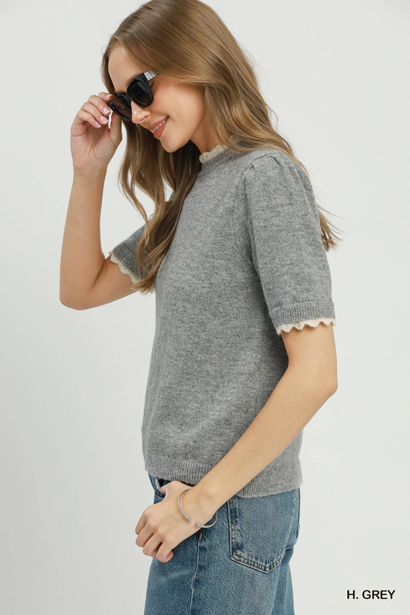 Scalloped Trim Puff Sleeve Knit Sweater Top