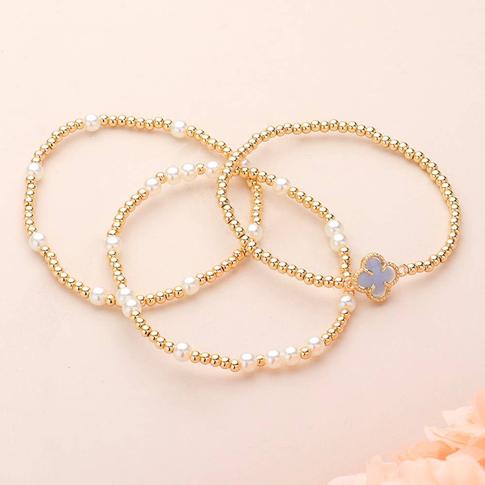 3PCS - Quatrefoil Pearl Metal Ball Beaded Stretch Bracelets