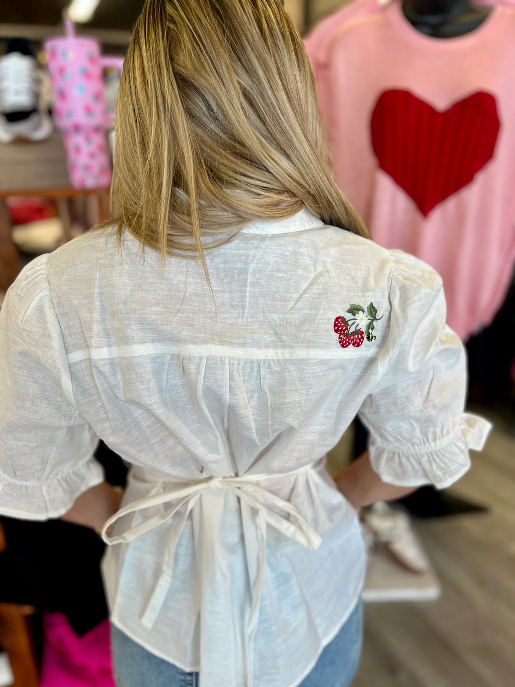 Puff Sleeve Strawberry + Bee Embroidered Top