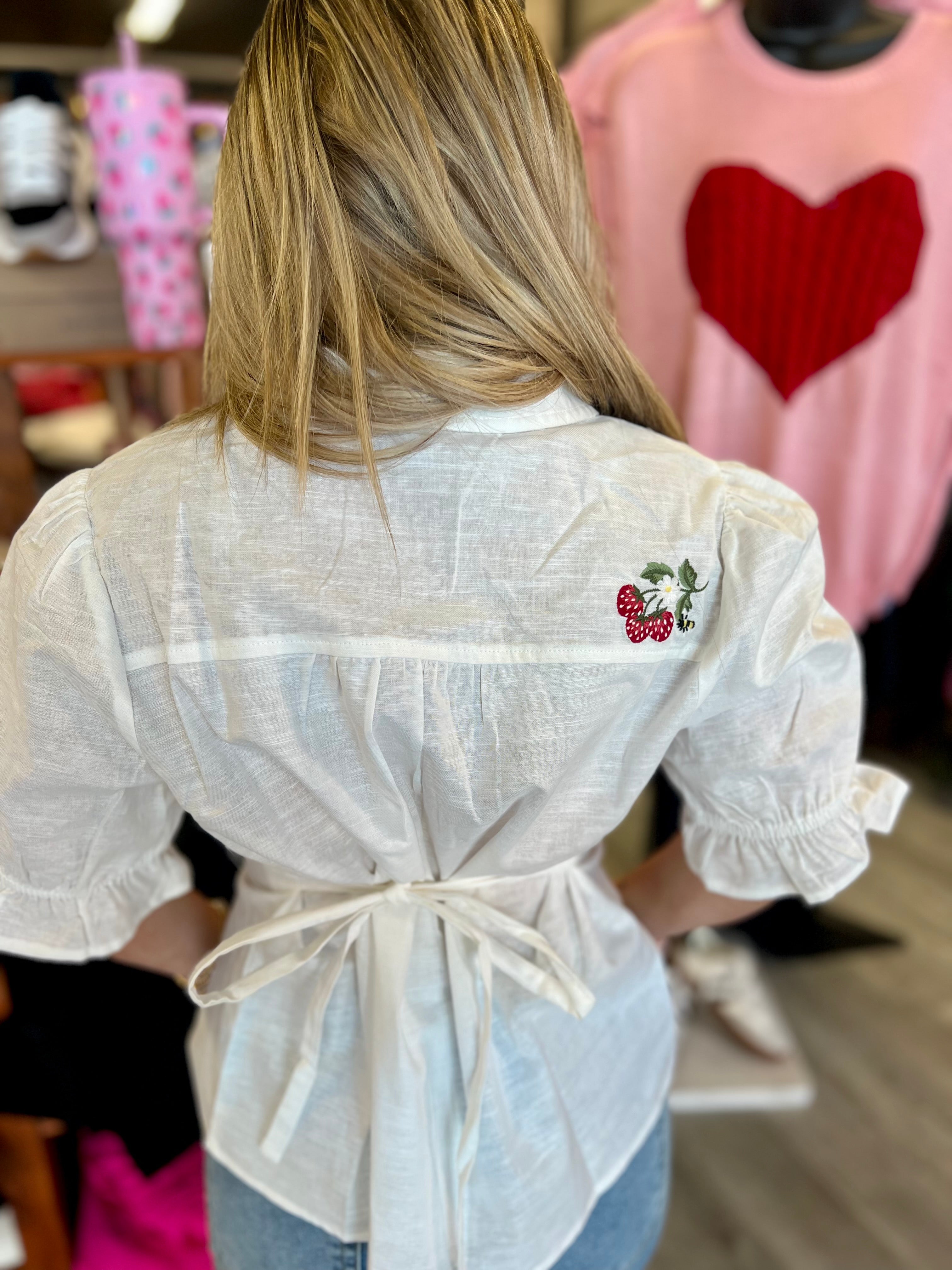 Puff Sleeve Strawberry + Bee Embroidered Top