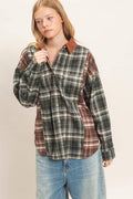 Plaid Button-up Shirt With Corduroy Collar