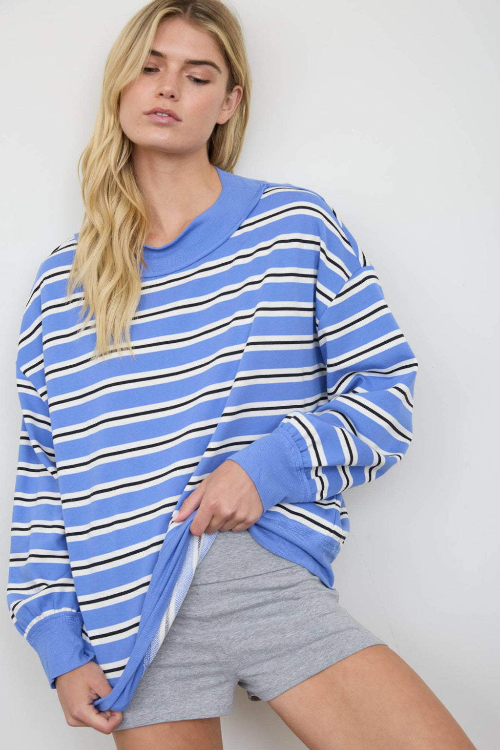 CONTRAST WIDE NECK LONG SLEEVE STRIPE KNIT TOP (PRE-ORDER)