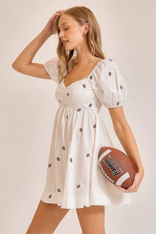 Football Embroidered Game Day Puff Sleeve Dress