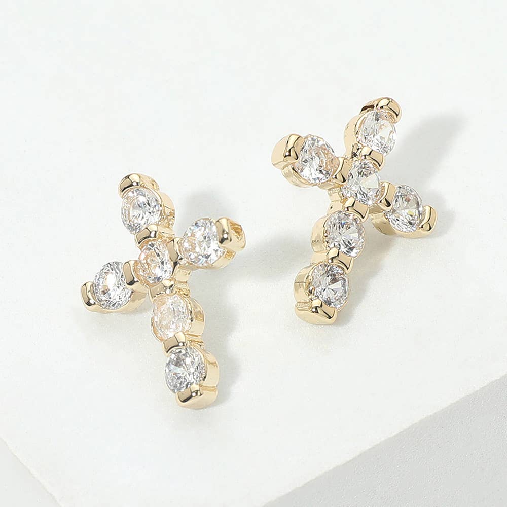 14K Gold Plated CZ Cross Stud Earrings