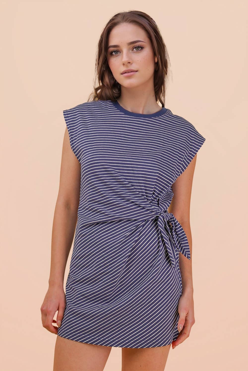 ND31733-Stripe Knit Sleeveless Mini Dress W/ Tie Detail