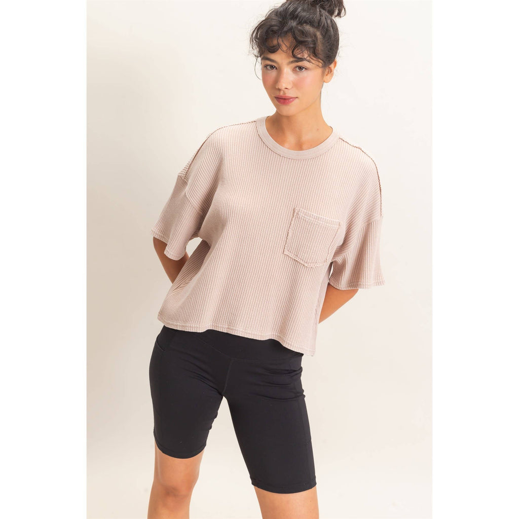 Mineral Wash Waffle Knit Pocket Top
