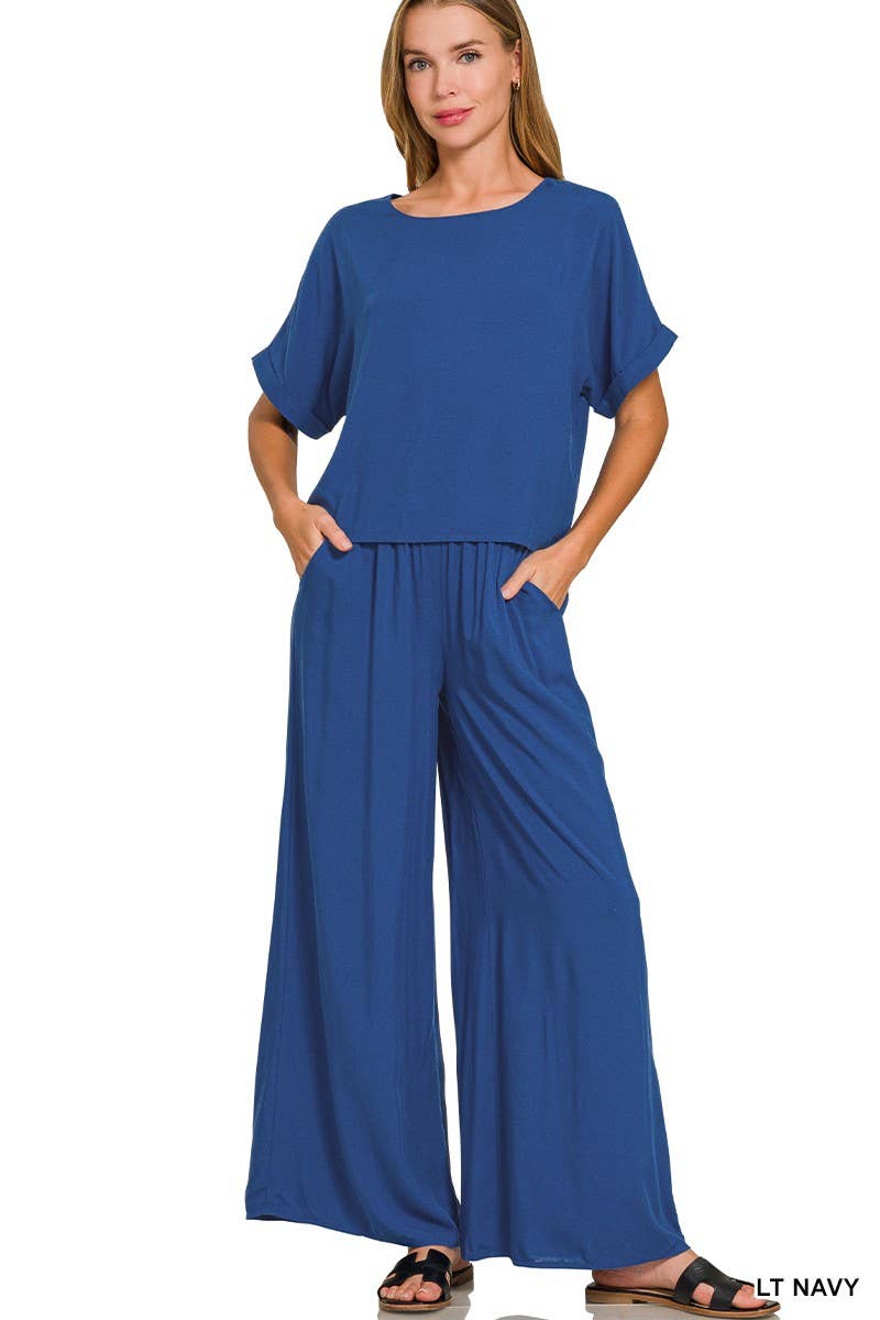 Woven Short Sleeve Long Pants Set
