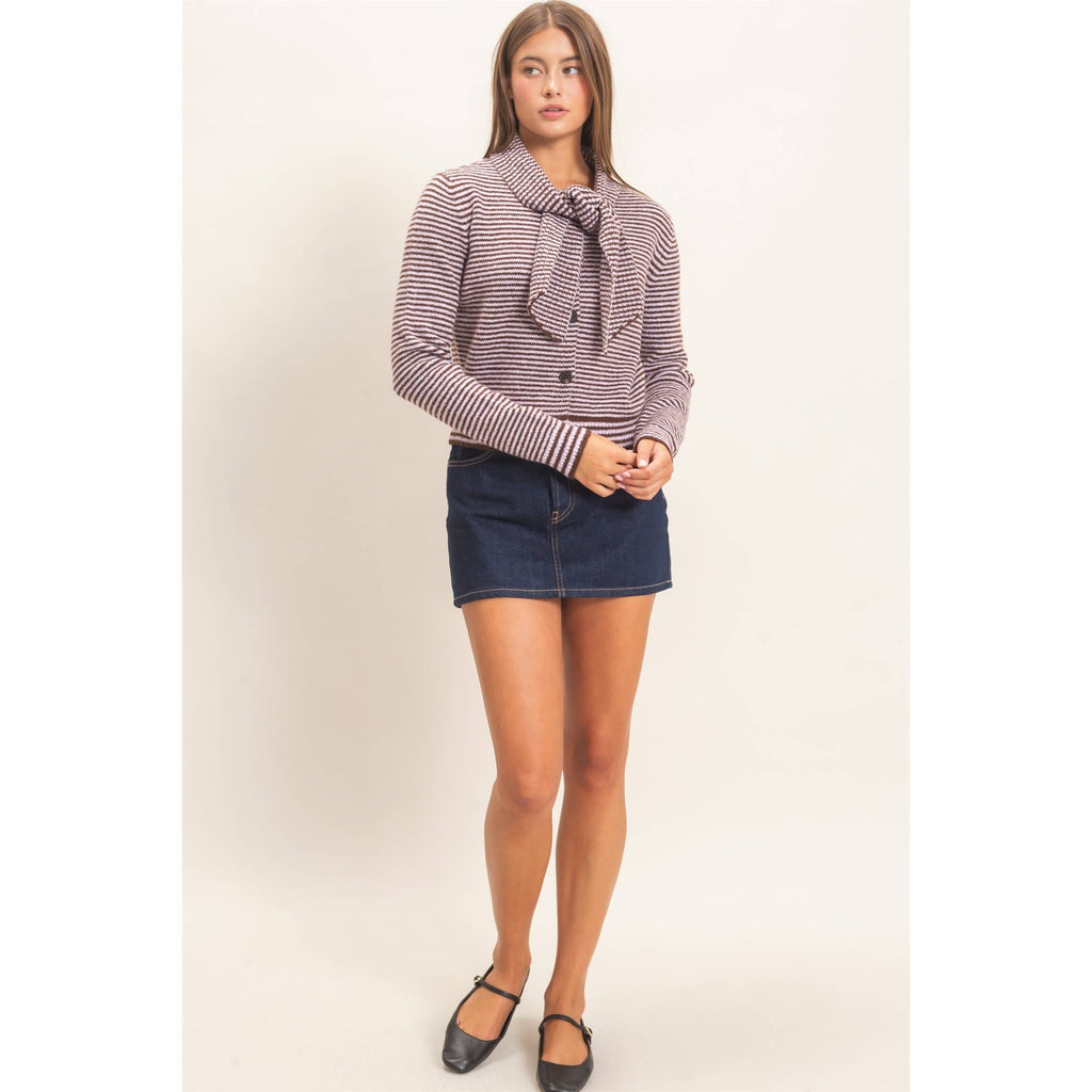 Striped Cardigan With Scarf
