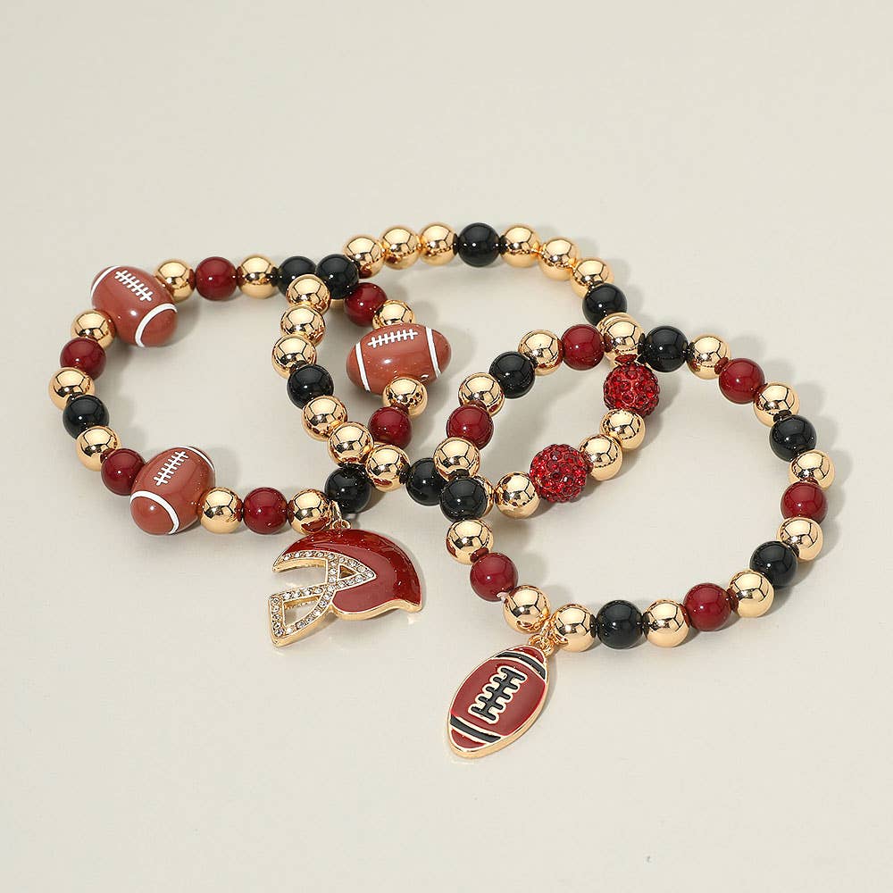 3PCS - Game Day Football Helmet Charm Beaded Stretch Multi Layered Bracelets