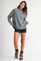 8645IN Mock Neck Yarn-Dyed Striped Oversized Long Sleeve Tee