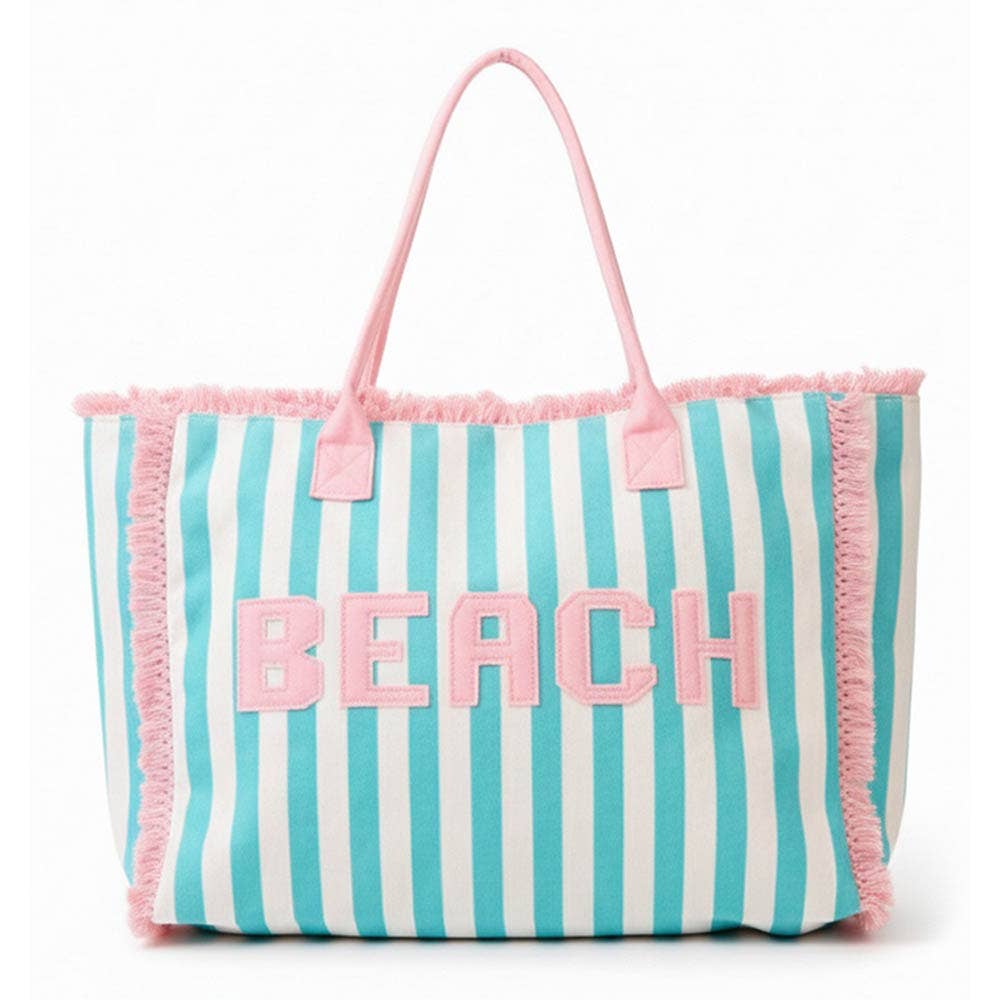 BEACH Letter Embroidery Terry Cloth Frayed Striped Shoulder Tote Bag
