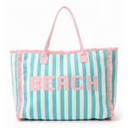 BEACH Letter Embroidery Terry Cloth Frayed Striped Shoulder Tote Bag