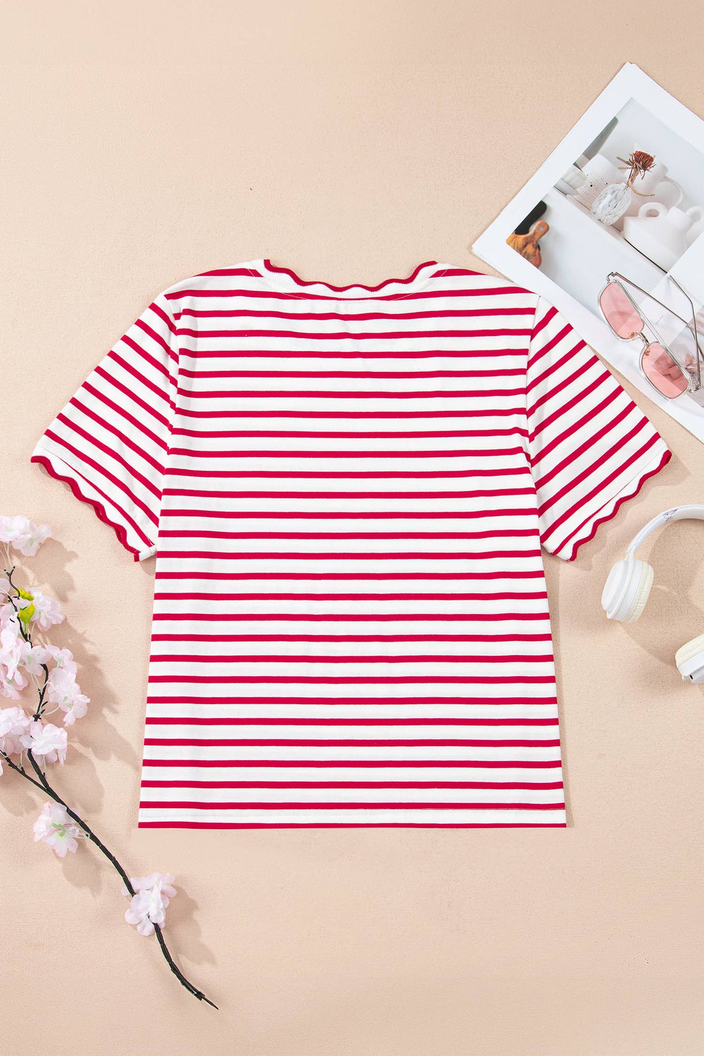 Stripe Scalloped Trim Round Neck Shirt
