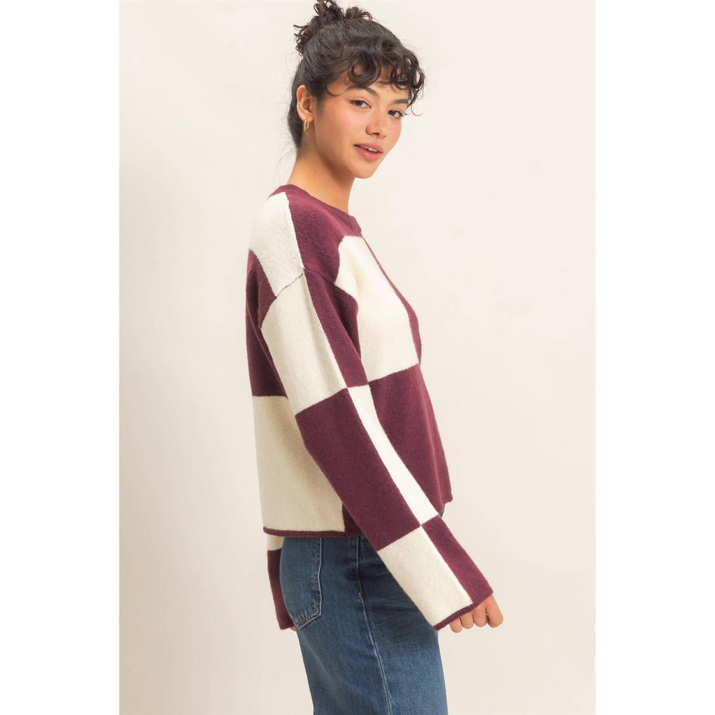 Crew Neck Checkered Sweater