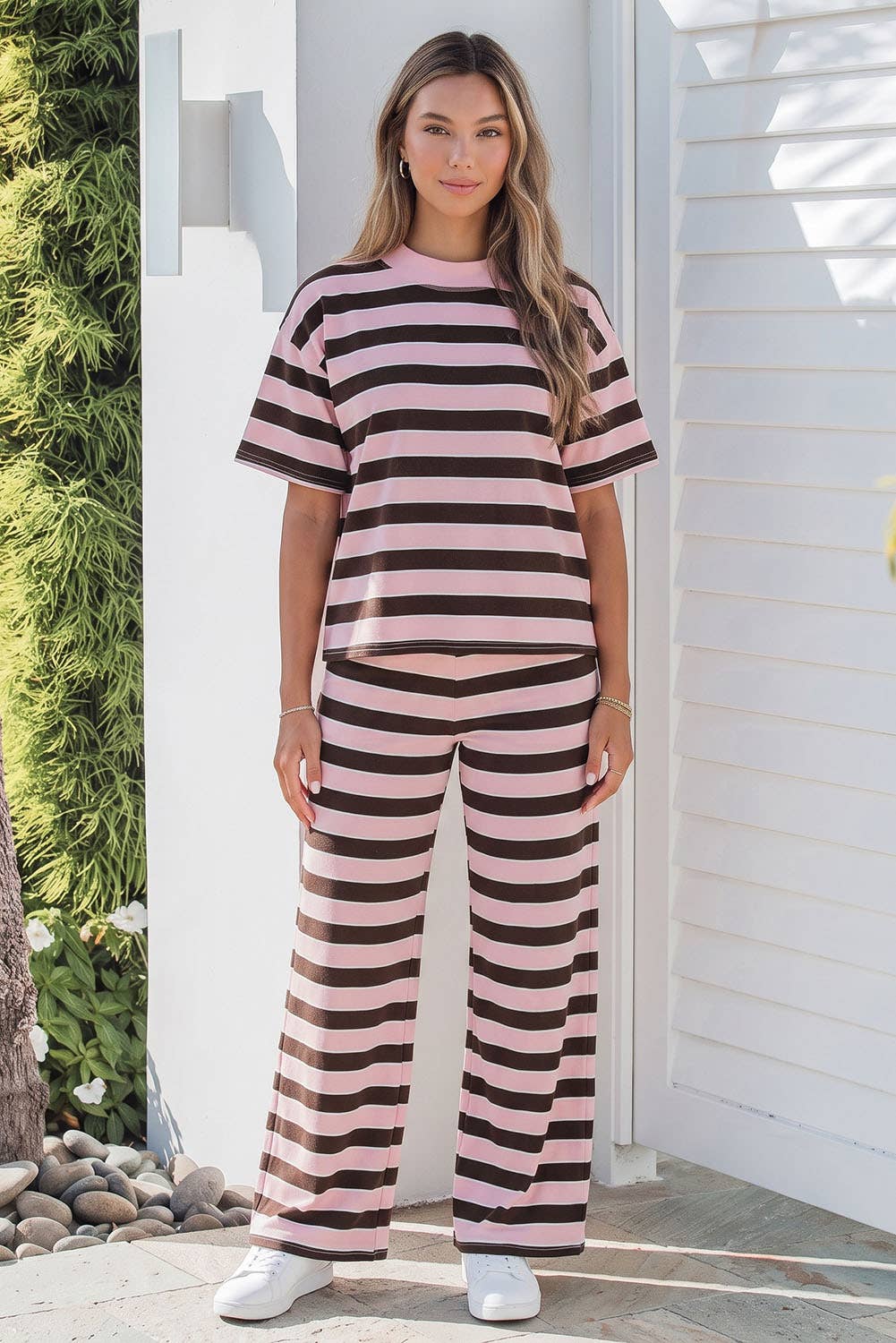 Striped Mock Neck Loose Tee and Pants Two Piece Set