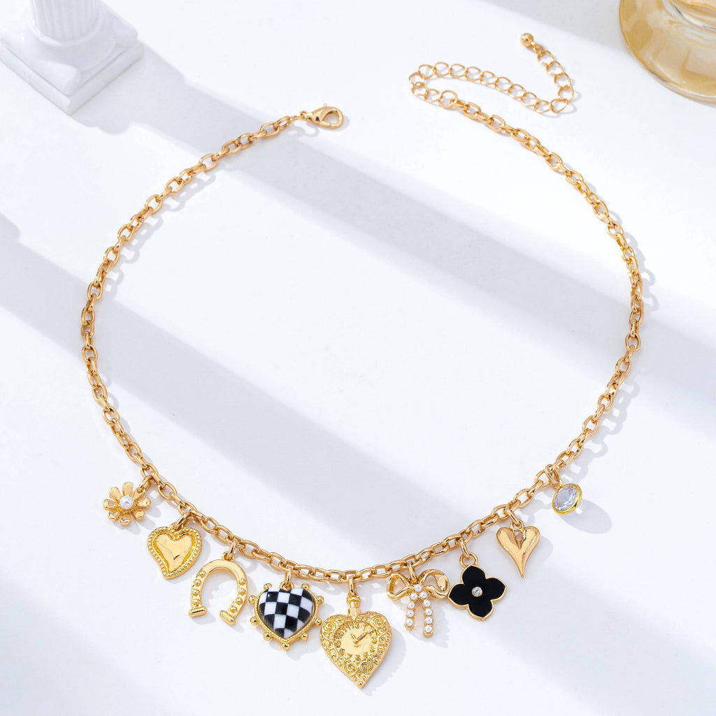 Checkered HeartPearl Bow Multi-Charm Link Necklace| 80N93113