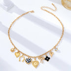 Checkered HeartPearl Bow Multi-Charm Link Necklace| 80N93113
