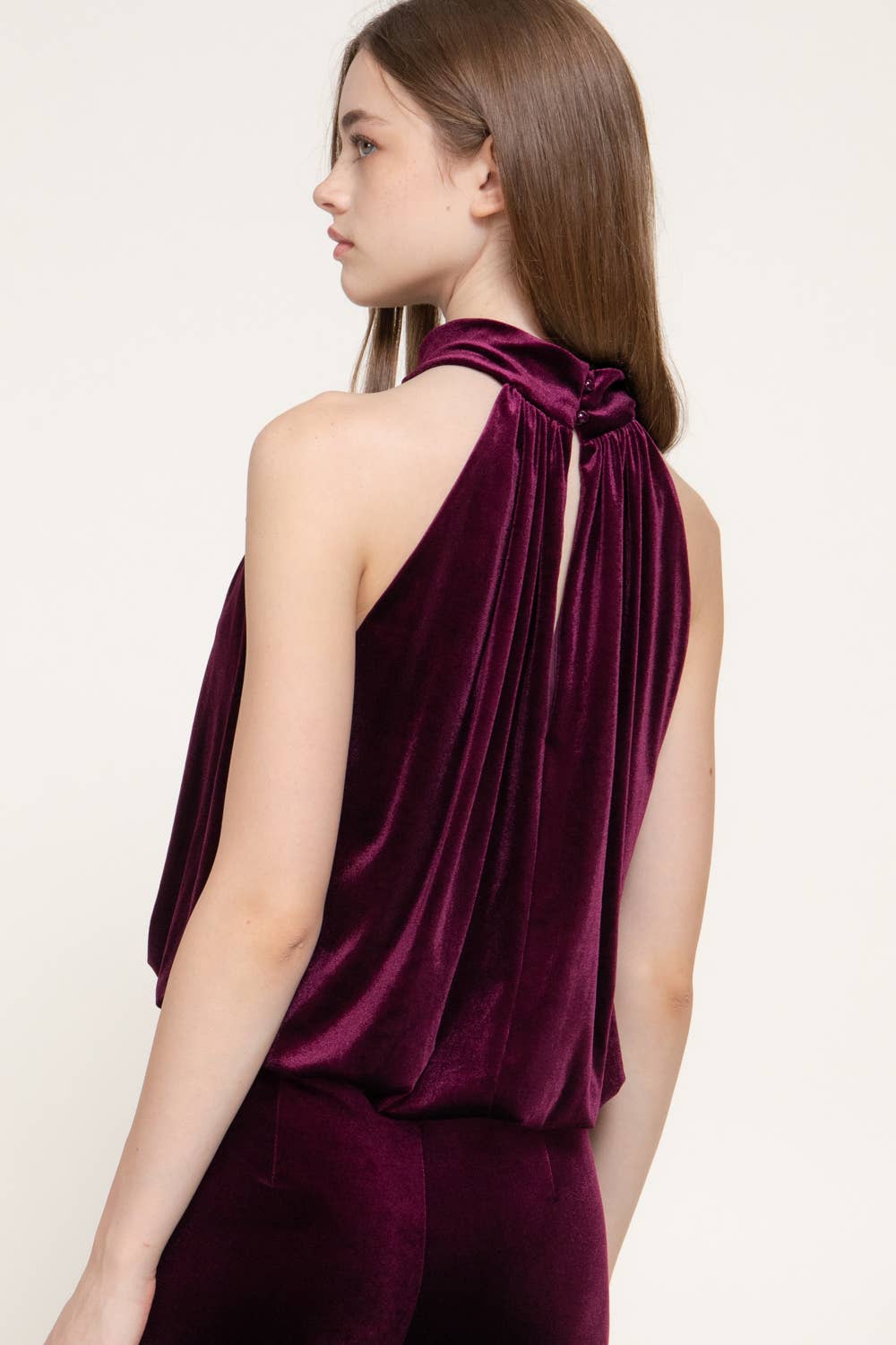 Halter Neck Shirred Hem with Inner Elastic Velvet Top