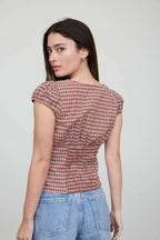 PLAID BUTTON DOWN PUFF SLEEVE CONTOURED WAIST TOP